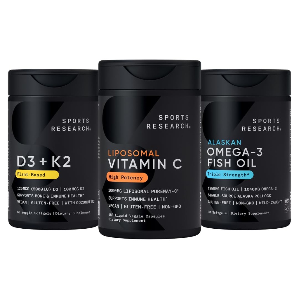 Sports Research® Multivitamin Pack - Liposomal Vitamin C Supplement 1000 mg, Vitamin D3 5000iu + K2 100mcg, and Alaskan Omega-3 Fish Oil 1250mg