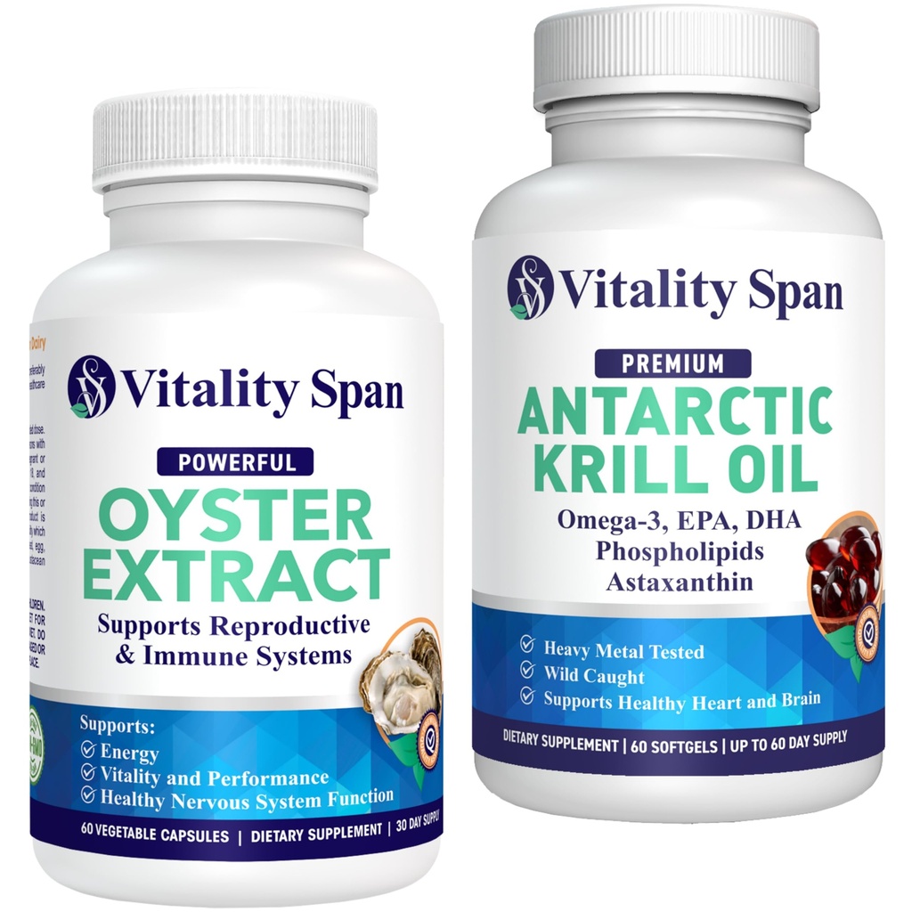 Krill Oil 500mg Omega 3 and Pure Zinc Oyster Extract 1000mg - Anti-Aging, Longevity and Energy Bundle. Made in USA