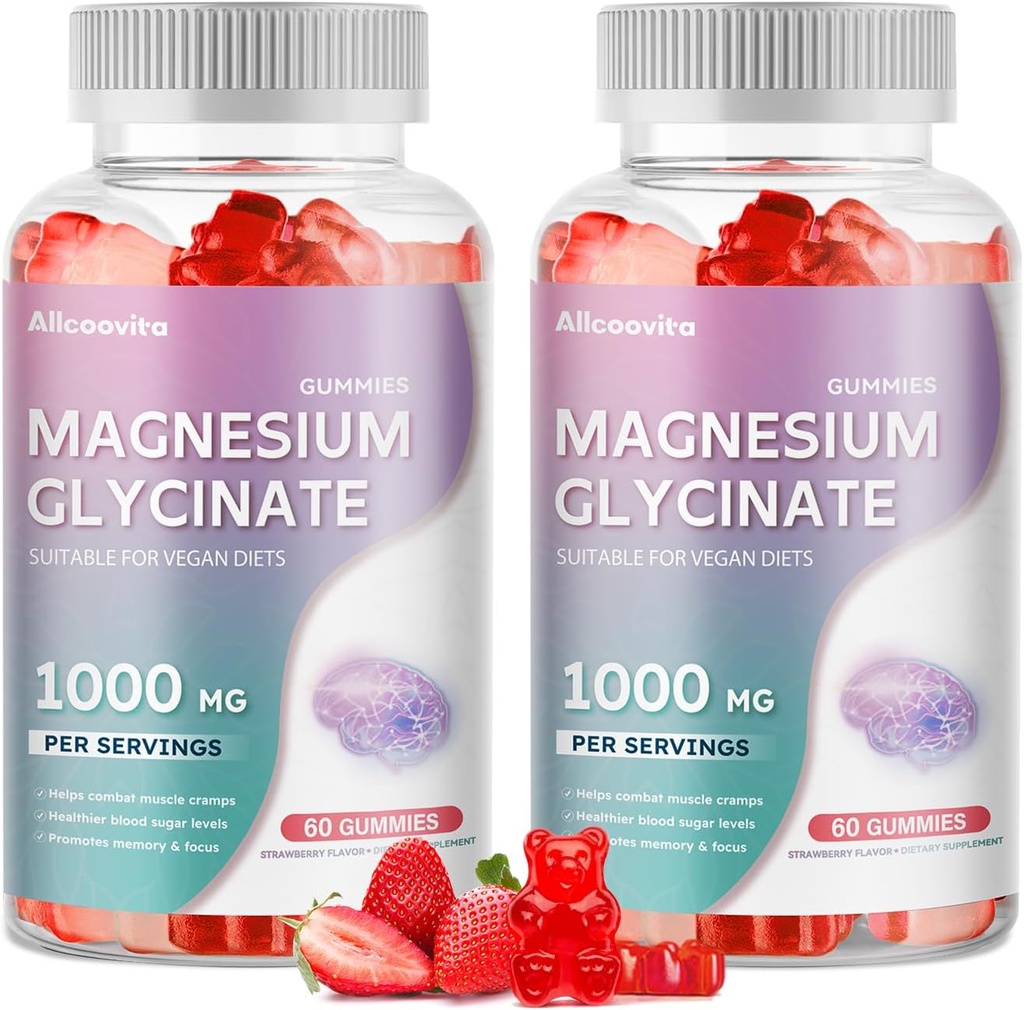 Magnesium Glycinate Gummies 1000mg - Sugar Free Magnesium Kalium Supplement med D-vitamin, B6, CoQ10 for Calm Mood & Sleep Support - 120 Jordbær Gummies