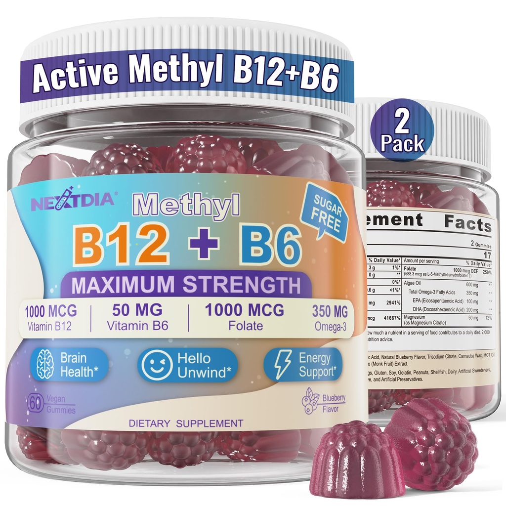 Vitamins B12 & B6 Gummies Boost Energy, w/Methyl B12 1000mcg, L-Methylfolate, B6, Omega-3 DHA, Magnesium | Methylated B-Complex Multivitamin Supplement for Brain Function & Methylation, Vegan, 120Cts
