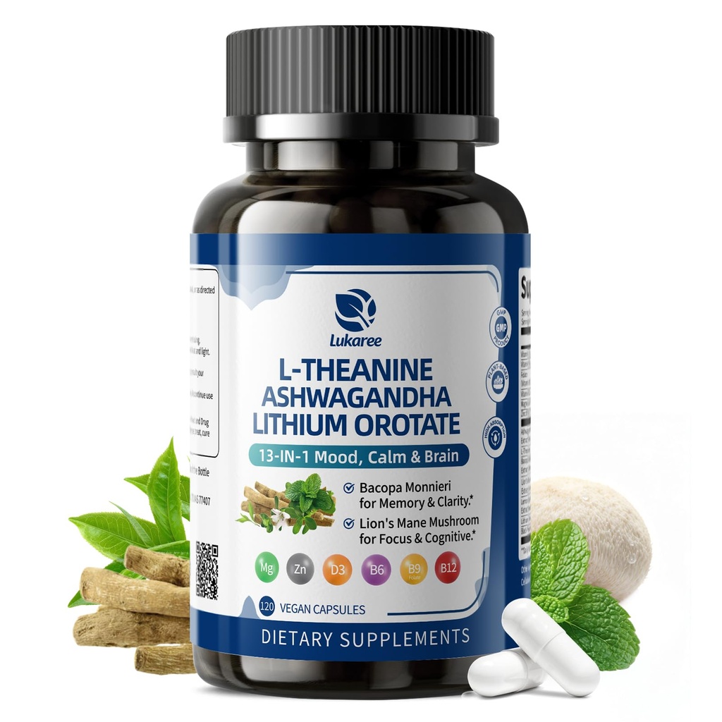 Lithium Orotate 5/10mg, L-Theanine 200mg, Ashwagandha 300mg - Mood Focus Memory Brain Supplements with Bacopa Monnieri, Lion’s Mane, Magnesium, Zinc D3 B6 Folate B12 - 120 Vegan Capsules, 2 Months