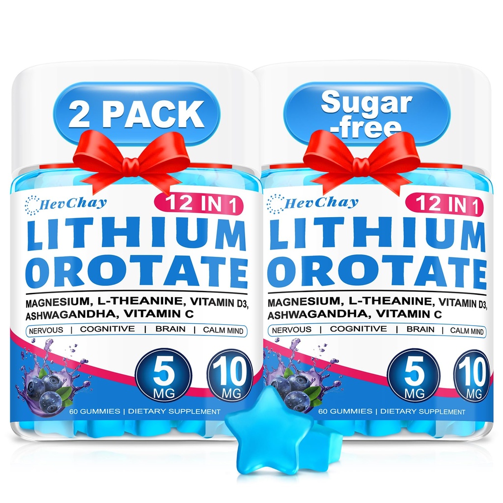 12-in-1 Lithium Orotate 5mg 10mg with Ashwagandha & L-Theanine, Lithium Orotate for Mood, Calm, Cognitive & Brain, High Bioavailability Trace Mineral, Lemon Balm, Magnesium Glycinate, 2 Pack