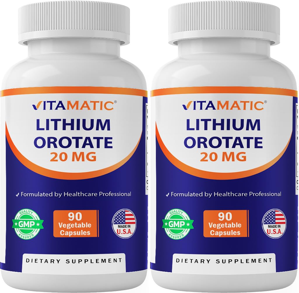 Vitamatic Lithium Orotate 20mg, 90 Capsules - Veggie Caps, Non-GMO, Gluten Free- 2 Pack