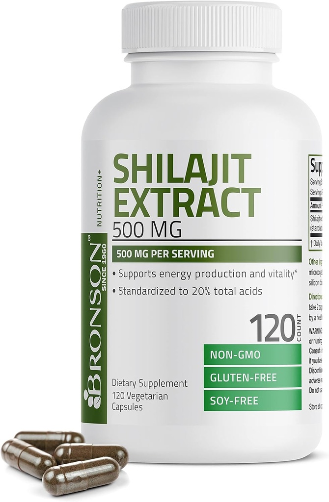 Bronson Shilajit Extract 500 MG Per Serving, Supports Energy Production &quot; Vitality, Standardized to 20% Total Acids, Non-GMO, 120 Vegetarian Capsules