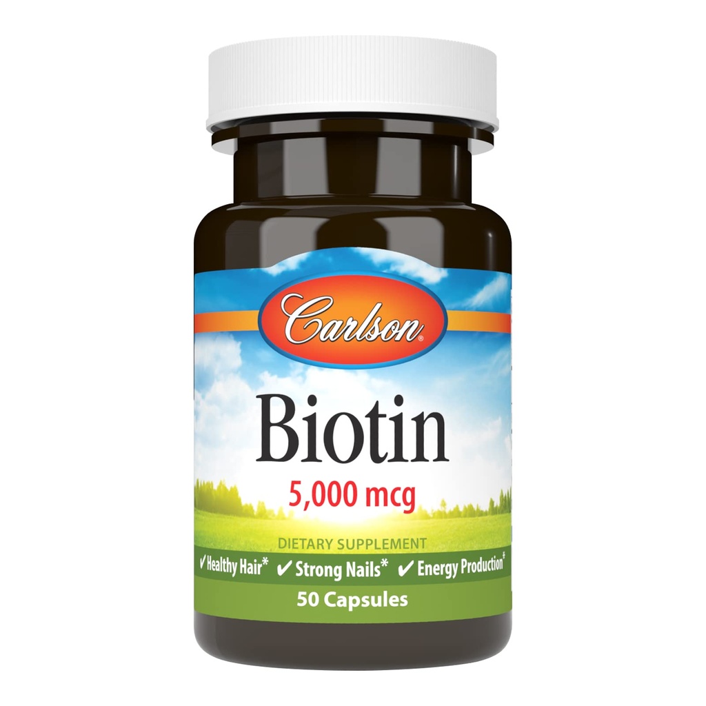 Carlson - Biotin, 5000 mcg, Healthy Hair, Strong Nails & Energy Production, 50 Capsules