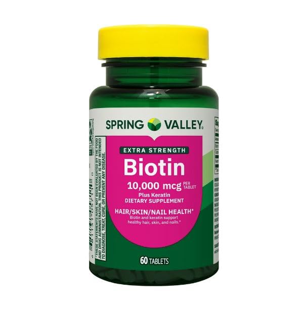 Spring Valley Extra Strength Biotin Plus Keratin Dietary Supplement Tablets for Hair/Skin/Nail Health, 10,000 mcg, 60 Count