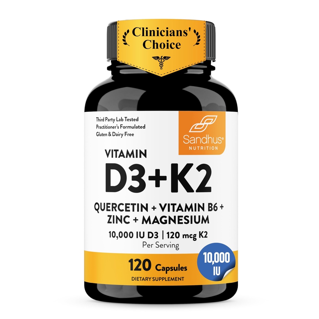 Sandhu's Vitamin D3 K2 Magnesium 10000 IU, 120mcg K2 Capsules 120 Count (Pack of 1) | with VIT B6, Zinc & Quercetin | D3K2 Supports Superior Absorption, Energy, Immune, Muscle Health for Men & Women