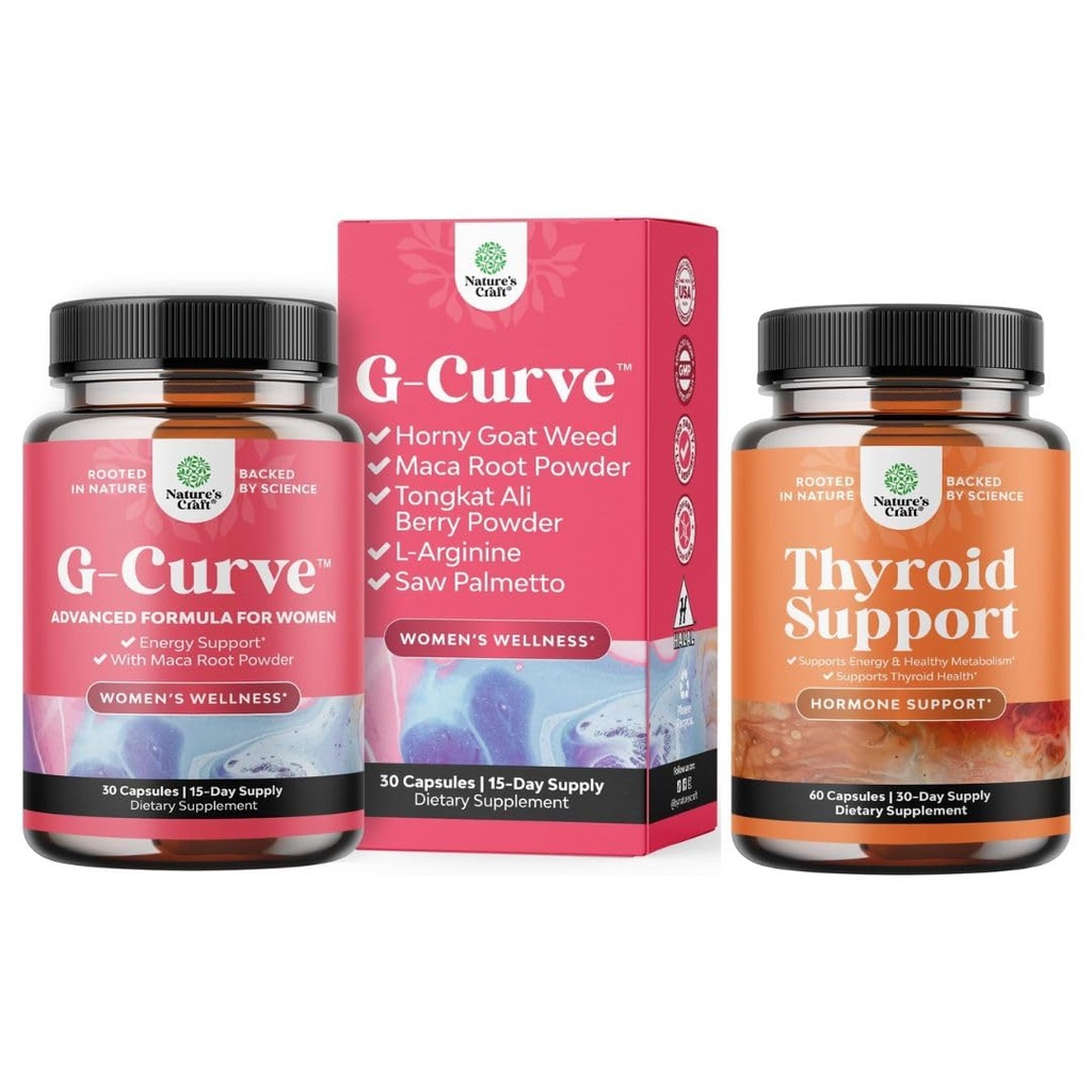 Bundle of G-Curve Butt and Breast Growth Capsules - Horny Goat Weed, Muira Puama & Maca Root and Herbal Thyroid Support Complex with L Tyrosine Bladderwrack Selenium & Ashwagandha for Hormone Balance