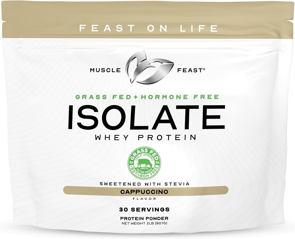 Muscle Feast Grass-Fed Proteína Isolato, All Natural Hormona Free Pasture Raised, Whey Isolate Protein Powder for Men and Women, Clean, Gluten-Free, Proteína de Isolato Delicious - Cappuccino, 2lb