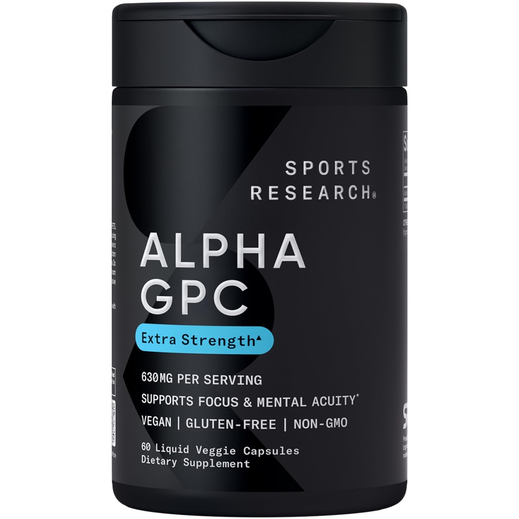 Sports Research® Alpha GPC 630mg (Extra Strength) - Bioavailable Source of Choline - Focus & Cognitive Support for Women & Men - Vegan Certified · Non-GMO · Gluten Free - 60 Liquid Capsules