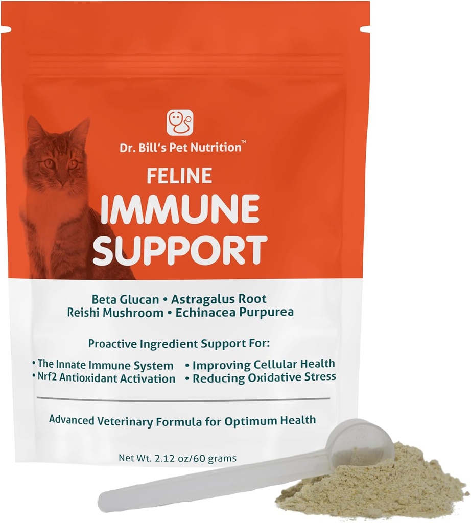Dr. Bill's Feline Immune サポート | Colostrum、Beta Glucan、トルコテールマッシュルーム、亜鉛&ビタミンC | すべての年齢の猫のためのパウダーサプリメント