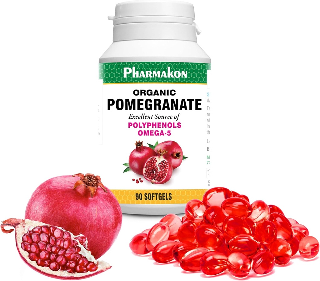 PHARMAKON Extrait de grenade biologique, softgels hautement biodisponibles, spectre complet contient des polyphénols + Oméga 5