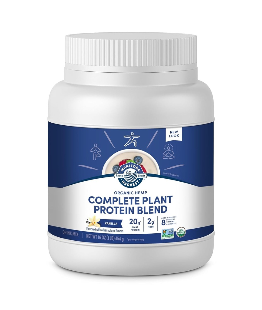 Manitoba Harvest Hemp Yeah Organic Plant-Based Protein Powder, Vanilla, 16oz, 20g Complete Plant Protein (Hemp and Pea), 4g de fibra e 1.9g Omegas 3&6 Per Serving, Non-GMO, Vegan, embalaxe May Vary