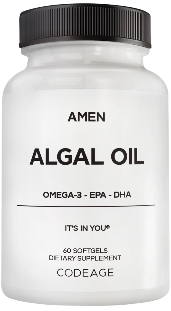 Amen Algal Oil Vegan Omega-3 Supplement – 1000mg DHA & EPA, Plant-Based Microalgae Oil, Non-GMO, 60 Softgels