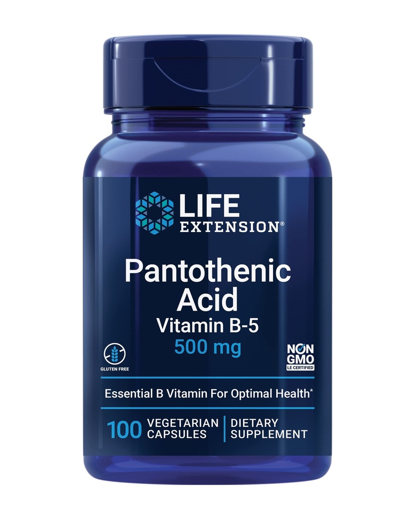 Life Extension Pantothenic Acid, 500 mg, Vitamin B5, Calcium, Support Healthy Metabolism, Mitochondrial Energy Production, Gluten-Free, Non-GMO, Vegetarian, 100 Capsules