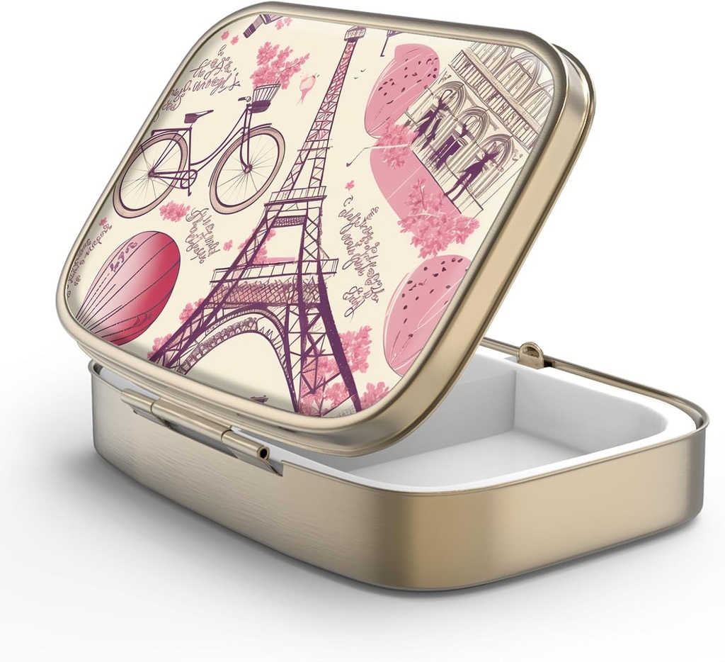 Pill Case Pill Box con Mirror Retro 2 Comparto Pequeno caso de pílula para a Purse ou Pocket Bronce Rectangular Pill Box ou Vitaminas, aceite de peixe, suplementos, pílula Containe Travel Gifts (Torre Eiffel de París)