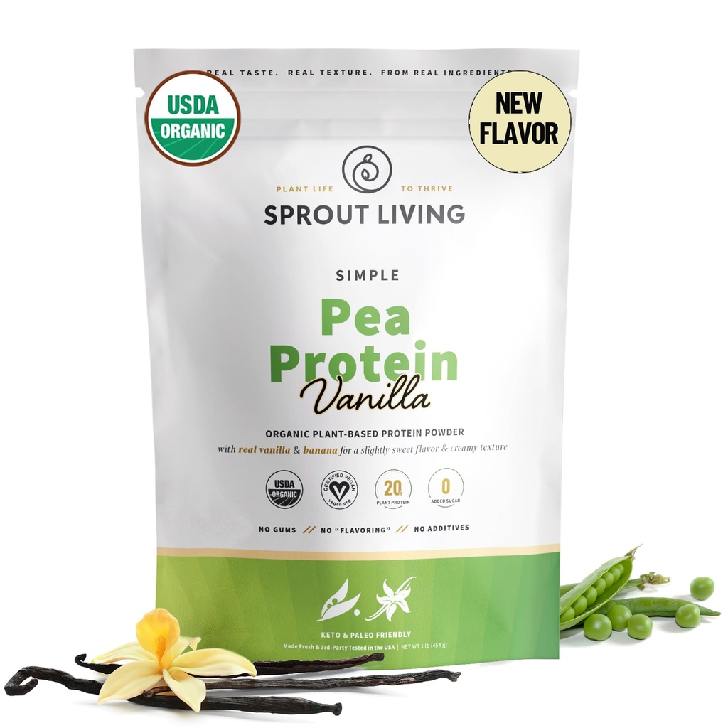 Sprout Living Organic Pea Protein Powder, Vanilla Flavor, 20 Grams of Plant Based Organic Protein Powder Without Sweeteners, Non Dairy, Non-GMO, Dairy Free, Vegan, Gluten Free (1 Pound, 15 Servings)