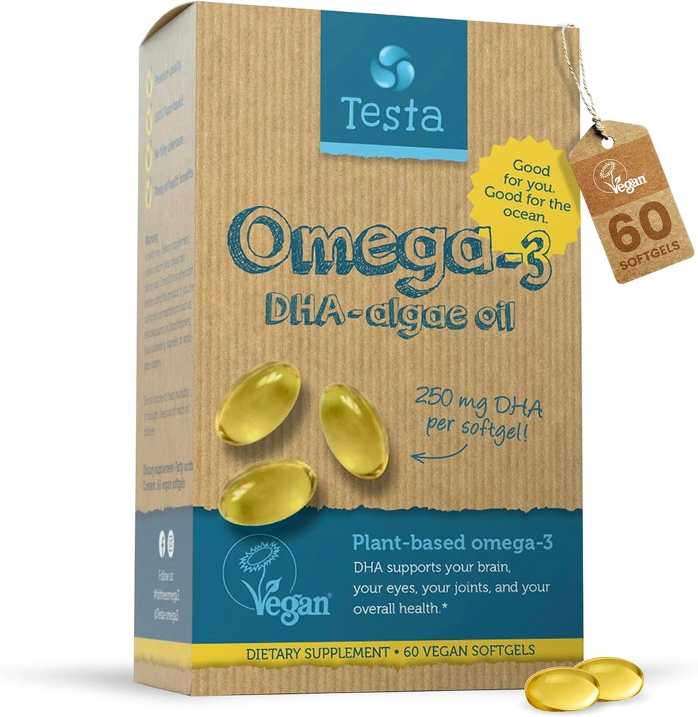 Testa Omega 3 Supliment - 250mg DHA de ulei de alge - Vegan Omega 3 - Suporturi Brain, Eye & Joint Health - Nu de la pește, capsule Algae Pure - Două luni de aprovizionare