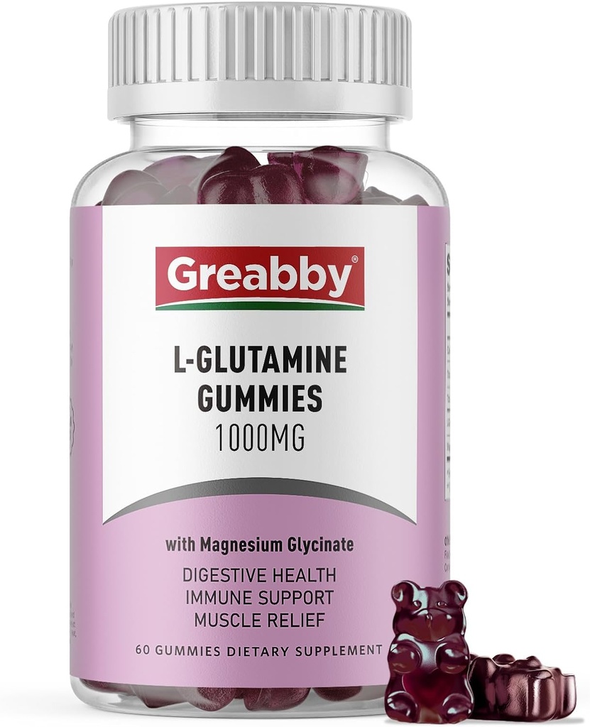 L Glutamine 1000mg Gummies - Muscle Relief & Immune Support, Amino Acid Supplement med Magnesium Glycinate, Vegan & Non-GMO, Gluten Free (60 Count)