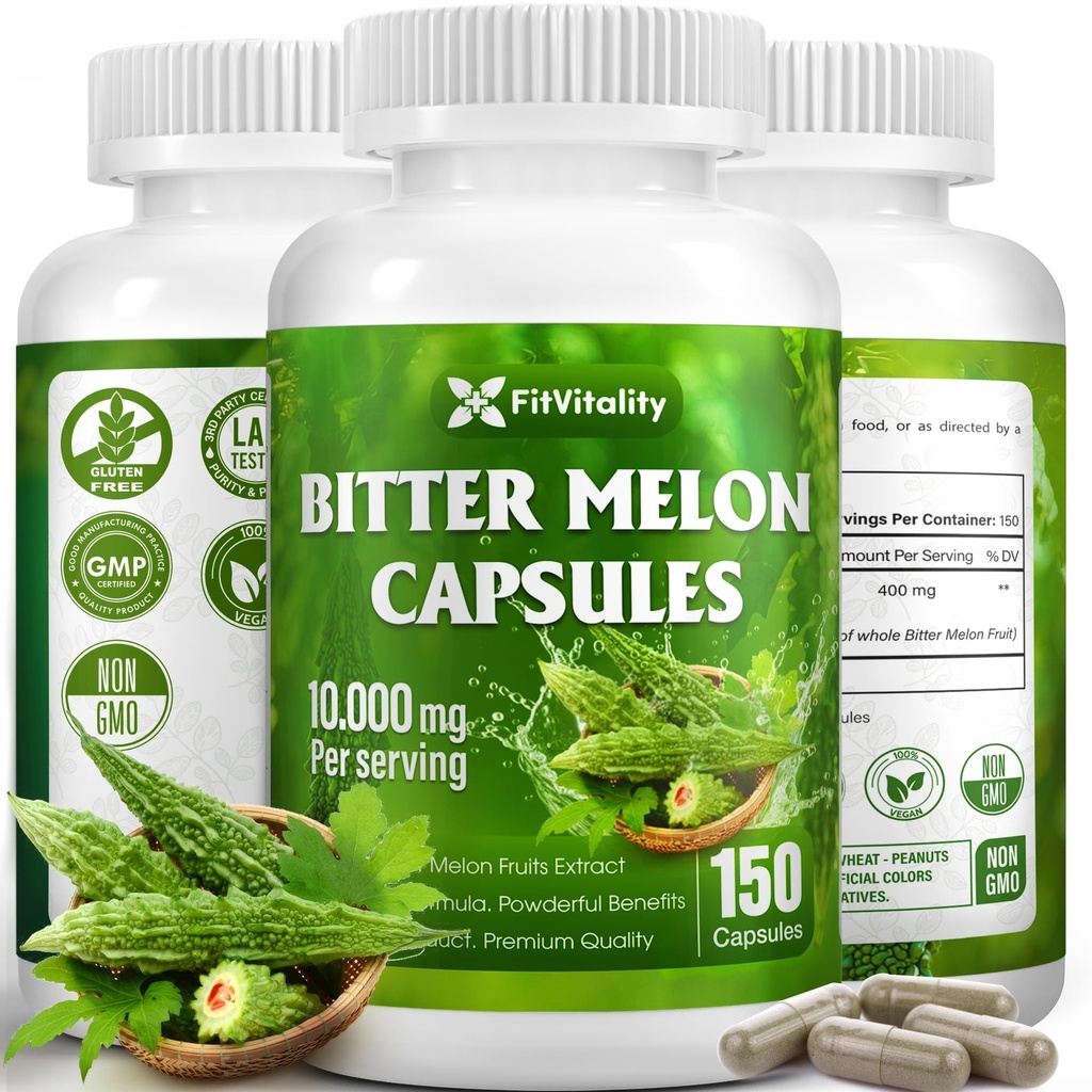 Bitter Melon Capsules | 150 Vegan Capsules | 150 Days Supply | 9,000mg per Serving | Bitter Melon Fruit 25:1 Extract | 100% Pure & Natural | Gluten-Free Supplement | Ultimate Concentrated