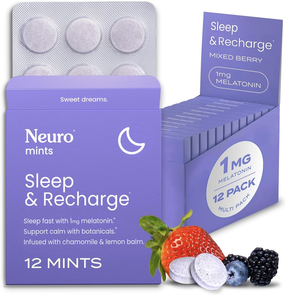 NeuroGum Melatonin 1 mg Sleep & Recharge Mints (144 Pieces) - Daha yaxşı Sleep Balm & Chamomile ilə Fast Dissolve Melatonin Sugar Free Mints - Calm Sleep Supplement - Qarışıq Berry Flavor