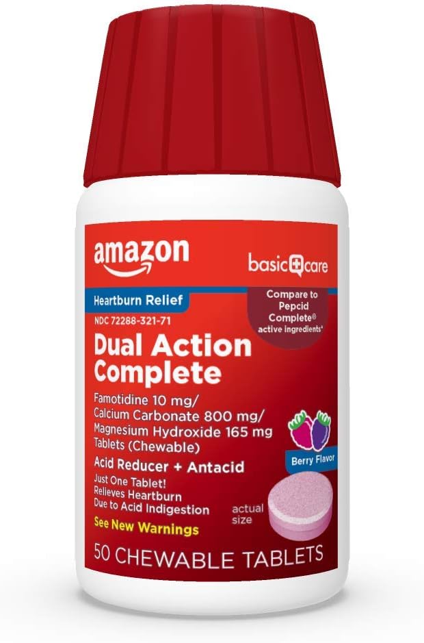 Soins de base Dual Action Complete, Réducteur d'acides chirurgicaux plus Comprimés antiacides, Berry Flavor, Heartburn Medicine, Acid Indigestion Relief, 50 Compte
