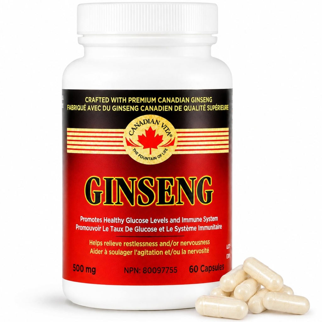 Canadian Ginseng Capsules 500mg (Panax Quinquefolius) – Ginseng Supplement for Energy, Focus & Immune Support – Pure Root Powder Pills – 60 Capsules, Farm-Grown in Ontario, Canada