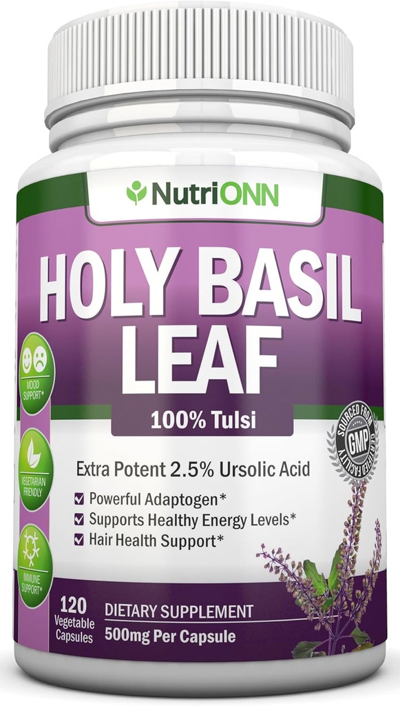Holy Basil Leaf Capsules - 500mg - 2,5% Ursolic Acid - 120 Vegan Capsules - Real Tulsi Extract Supplement - Positive Mindset - Adaptogenic & Ayurvedic Herb