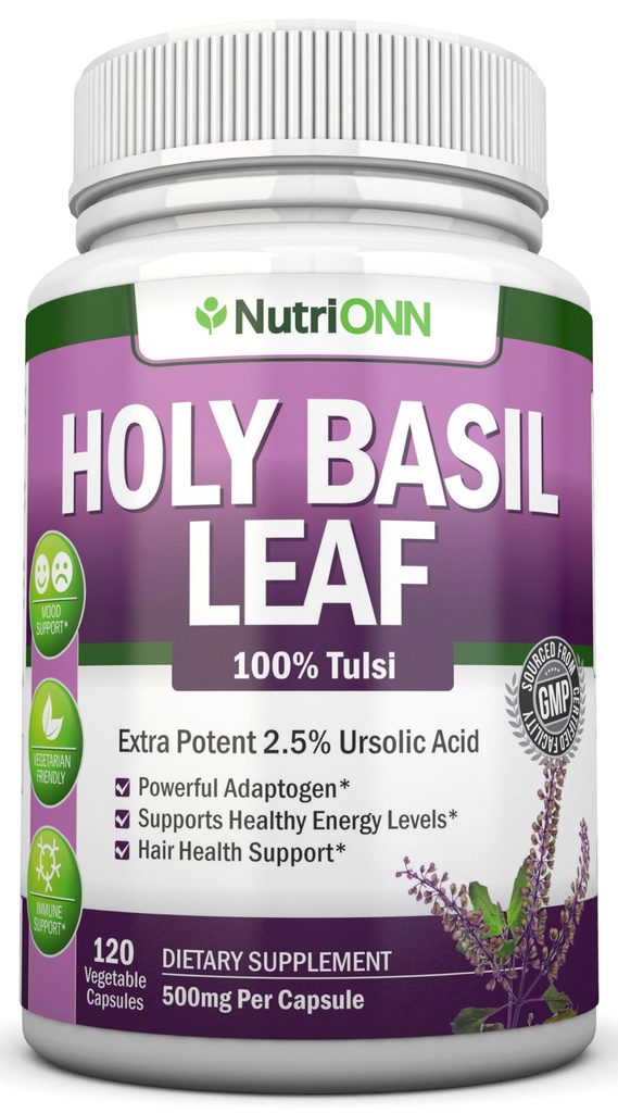 Holy Basil Leaf Capsules - 500mg - 2.5% Ursolic Acid - 120 Vegan Capsules - Real Tulsi Extract Supplement - Positive Mindset - Adaptogenic & Ayurvedic Herb
