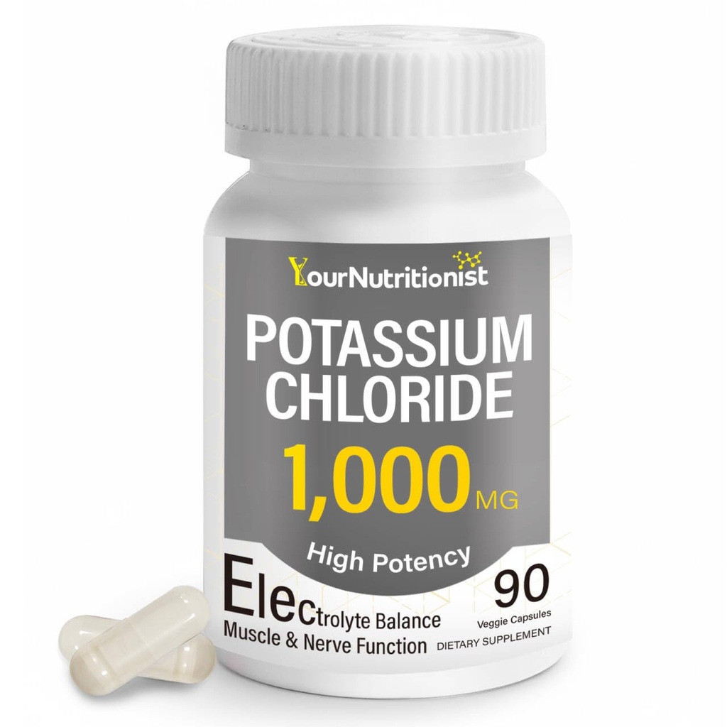 High Potency Potassium Chloride 1000mg Potassium Supplement – Supports Electrolyte Balance, Heart, Muscle & Nerve Health | Vegan, Non-GMO, Gluten-Free – 90 Capsules