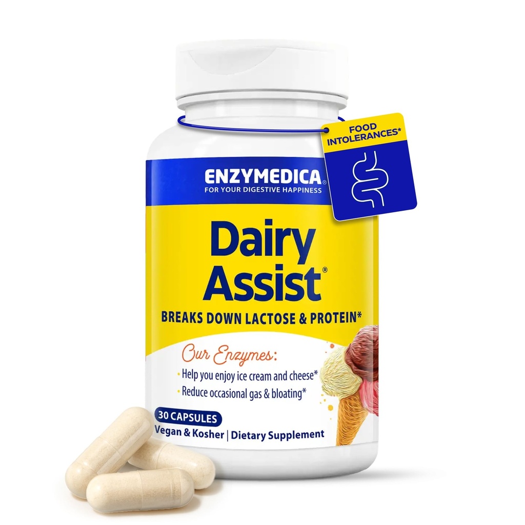Enzymedica DairyAssist Digestive Enzymes for Men & Women - Lactose Intolerance Support Supplement with Lactase Enzyme, Breaks Down Milk & Dairy, Helps Reduce Gas & Bloating, Gluten Free - 30 Capsules