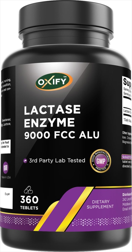 Oxify Lactase Enzyme 9000 FCC ALU | 360 Tablets | Gluten-Free, Non-GMO | Supplement Made in USA