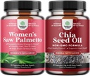 Bundle of Extra Strength Saw Palmetto for Women and Chia Seed Oil Extract Capsules - Stronger Thicker Faster Hair Growth Vitamins - Plant Based Omega 3 6 9 Supplement and Daily Fiber Capsules