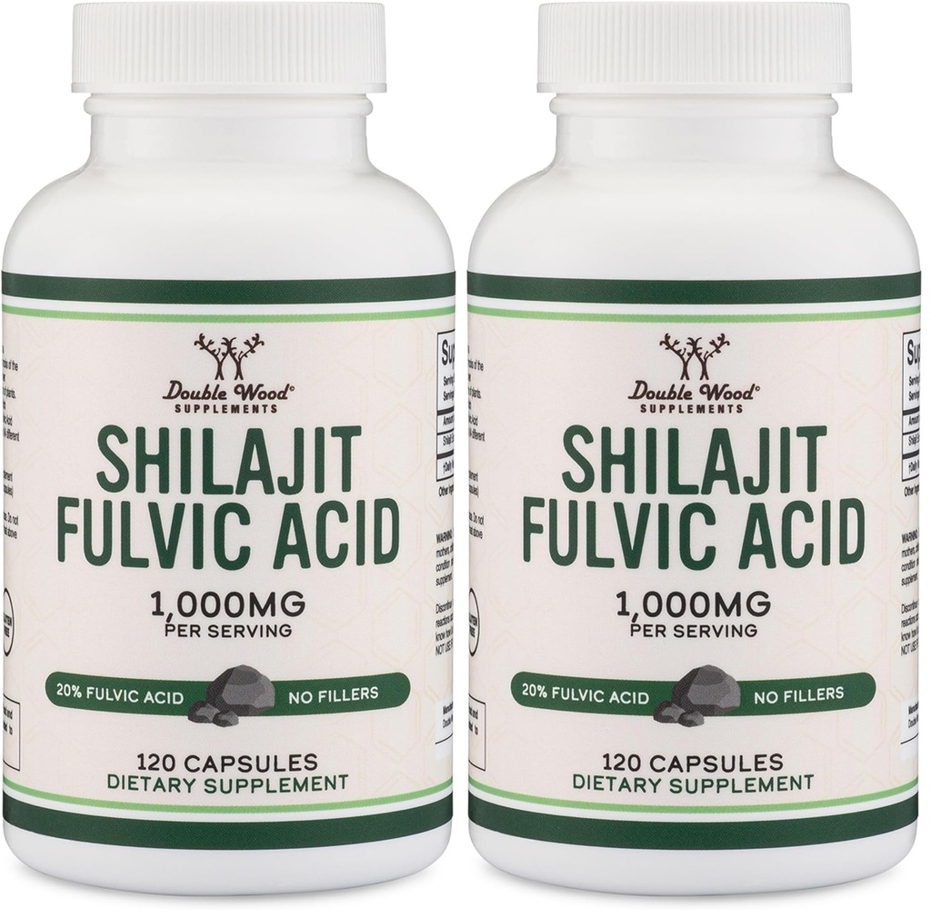 Shilajit Pure Himalayan Capsules (20% Fulvic Acid Supplement) 1,000mg of Authentic Shilajit Extract per Serving, 120 Count (High in Trace Minerals, No Fillers) by Double Wood (Pack of 2)