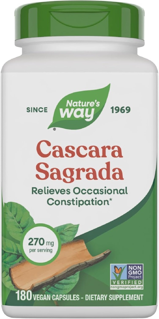 Naturens sätt Cascara Sagrada Bark, Occasional förstoppning lindring för vuxna och barnåldrar 12+, stöder regelbundenhet *, Non-GMO Project Verified, 270 mg per servering, 180 kapslar (Packaging May Vary)
