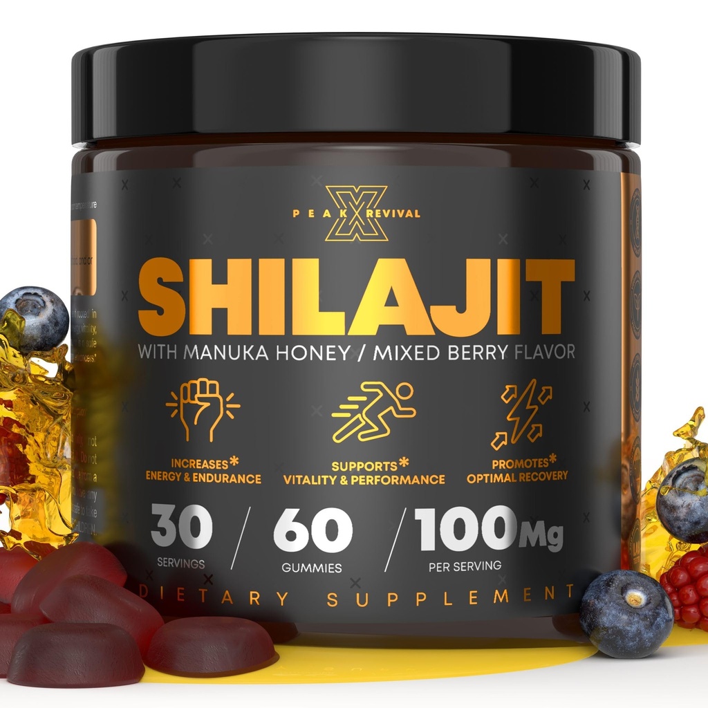 Peak Revival Shilajit Gummies with Manuka Honey - Promotes Optimal Recovery, Increases Energy & Endurance, Mixed Berry Flavor, 100mg per Serving, 60 Count (30 Servings)