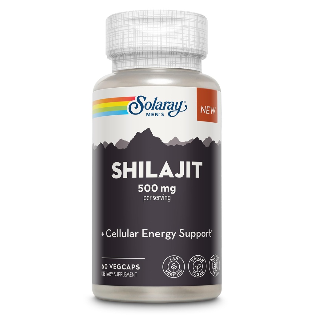 SOLARAY Shilajit 500 mg, PrimaVie (R) Himalayan Shilajit for Men, Adaptogenic Cellular Energy Support, Men’s Health Supplement, Vegan, Gluten Free, 60-Day Guarantee - 30 Servings, 60 VegCaps