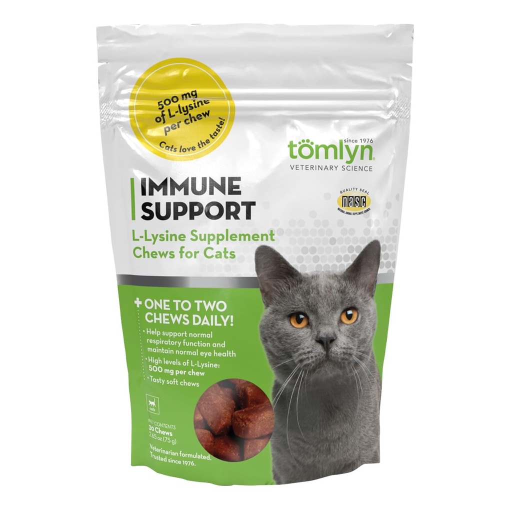 Tomlyn Immune Support Daily L-Lysine Supplement, Fish-Flavored Lysine Chews for Cats and Kittens, 30ct