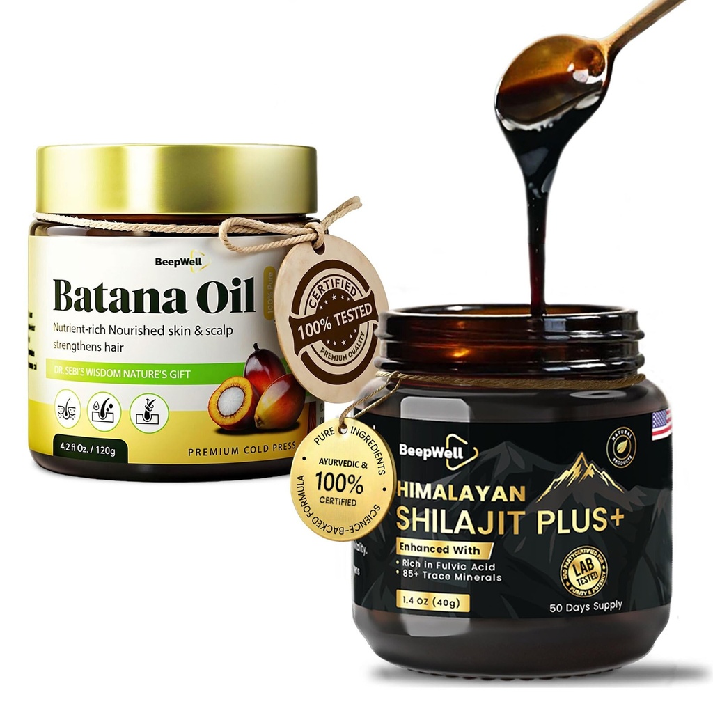 Shilajit Resin & Batana Oil Bundle – 100% Natural Shilajit with Ashwagandha (40g, 50 Servings) + Dr. Sebi Inspired Unrefined Batana Hair Oil (4.2 fl oz) | Natural Wellness & Hair Growth for Men