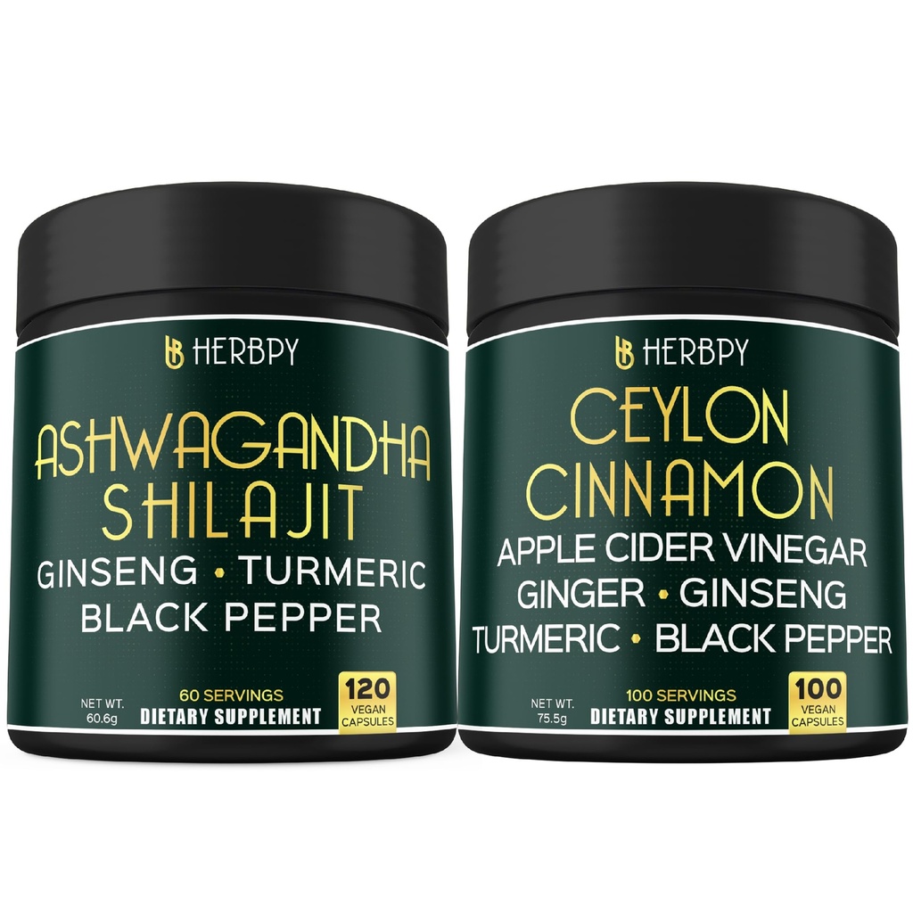 Herbpy Bundle 6in1 Premium Ceylon Cinnamon Capsules 755mg/serving (100 Count 100 Servings) & 5in1 Ashwagandha Supplements 1010mg/serving (120 Count 60 Servings)