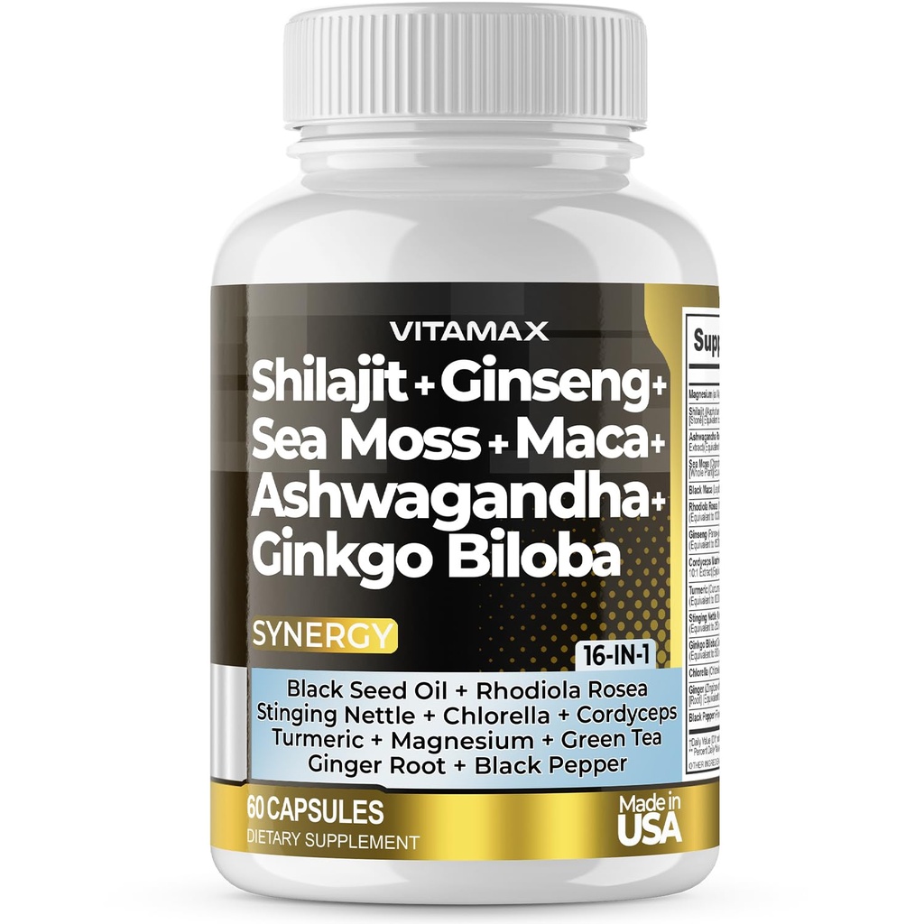 Vitamax Pure Himalayan Shilajit Supplement, Ashwagandha, Sea Moss, Rhodiola Rosea, Gingko Biloba - Fulvic Acid & Trace Mineral Capsules for Men and Women – Made in USA