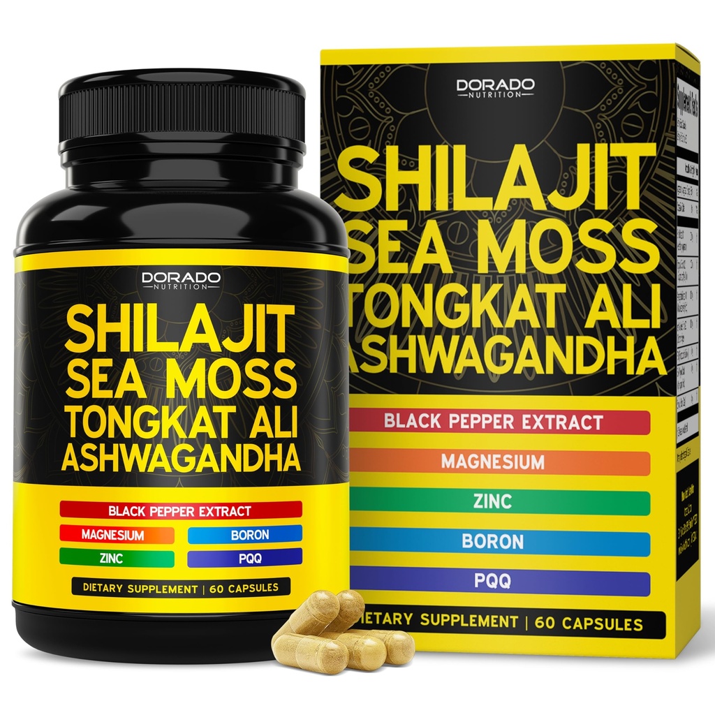 Shilajit Supplement For Men & Women with Sea Moss, Ashwagandha, Tongkat Ali, Boron, Zinc, PQQ, Black Pepper, Magnesium - Fulvic Acid - Third Party Tested, Vegan, Non-GMO - USA Made (60 Capsules)
