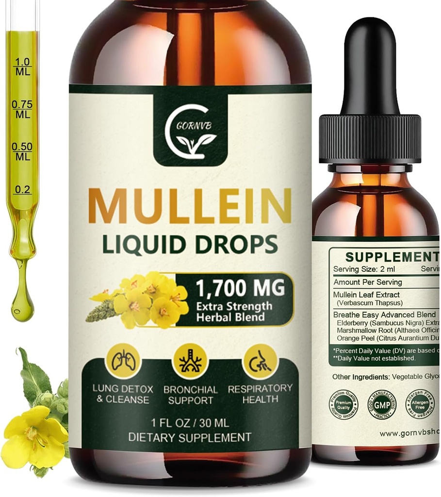 (2 Pack) Mullein tilgad kopsudele - kopsud puhastavad ja hingamisteede tugi, võimas 4 in 1 Mullein Leaf ekstrakt leedrimarjaga, vahukommi juur ja oranž koor bronhide toetamiseks, 1 Fl Oz