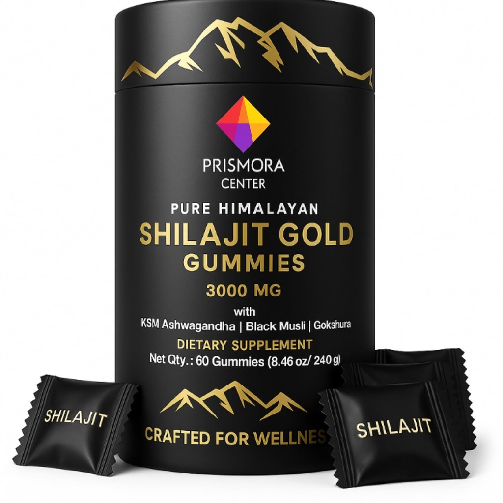 Pure Himalayan Shilajit Gold Gummies 3000 mg – with Ashwagandha, Black Musli, Gokshura, Ginger & Fulvic Acid – 60 Vegan Gummies, Pectin-Based, Gelatin-Free, Non-GMO