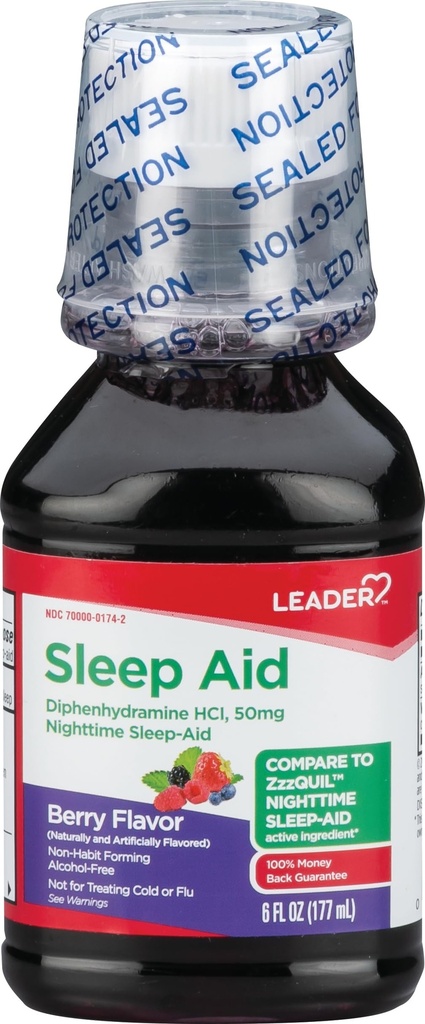 Leader Sleep Aid, Nighttime Sleep Aid Liquid, 50 mg Diphenhydramine HCl, Fall Asleep Fast, Non-Habit Forming, Berry Flavor, 6 FL OZ (Compares to VicksZzzQuil)