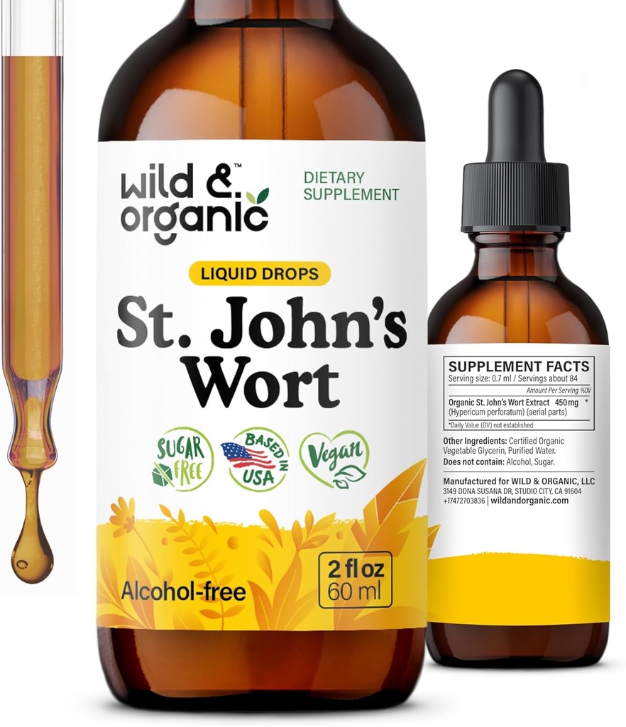 Wild & Organic St Johns Wort Tincture - Mood Support - Relaxing St. John's Wort Supplement - Liquid Hypericum Perforatum Herb Drops - Vegan, Sugar & Alcohol-Free - 2 fl oz