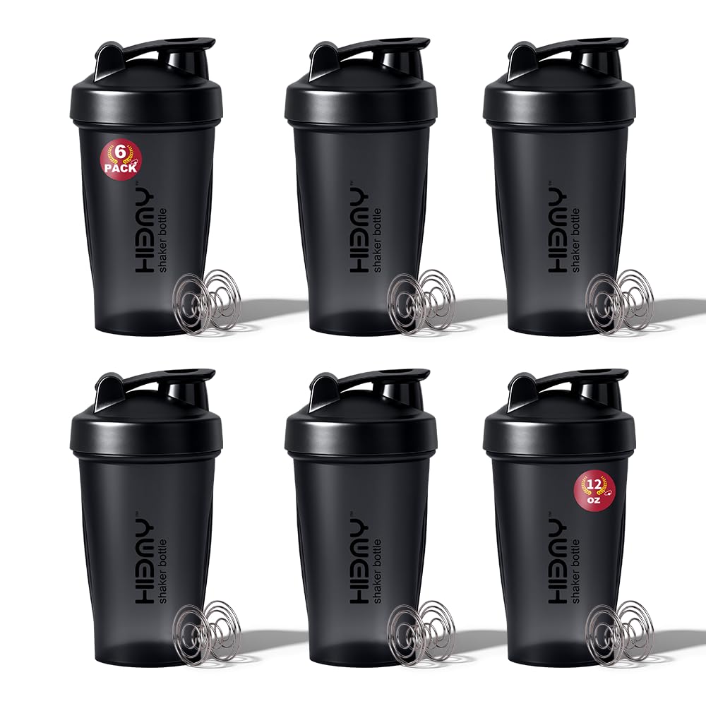[ 6 Pack 400 ml | 12 oz Protein Shaker Bottles for Protein Mixes, 6 x Whisk Ball | Shaker Cups for Protein Shakes | BPA Free, 100% Leak Proof, No Smell | Protein Shake Bottle (B) Six Black