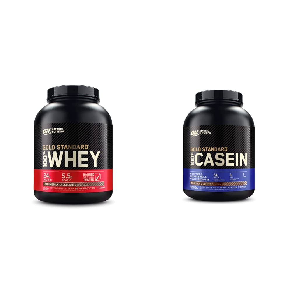 Optimum Nutrition Gold Standard 100% Micellar Casein Protein Powder & Gold Standard 100% Whey Protein Powder, Extreme Milk Chocolate, 5 Pound (Packaging May Vary)