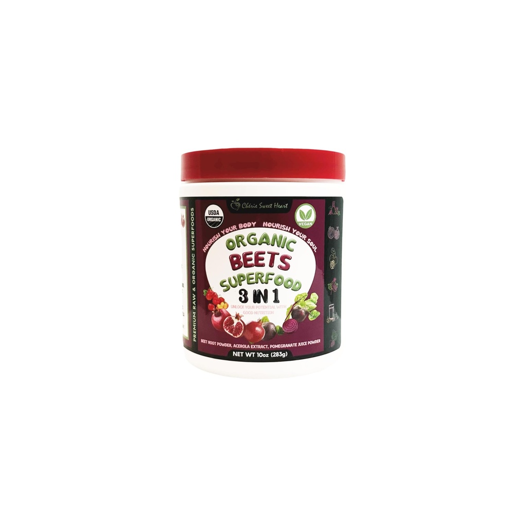 Cherie Sweet Heart USDA Organic Beets Superfood Powder, 3-in-1 Nitric Oxide, Support Healthy Blood Pressure and Blood Circulation, 283g (10 oz, Beets Superfood)