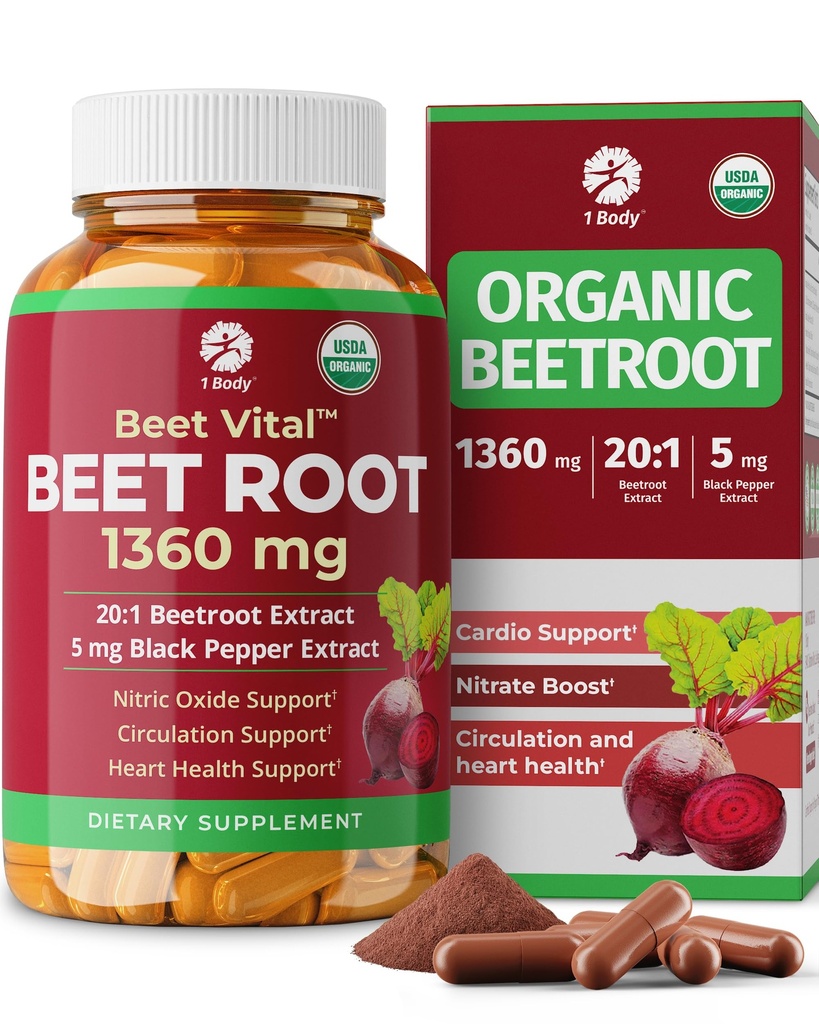 1 Body Beet Vital, Organic Beetroot Capsules for Circulation, Energy, & Stamina, Nitric Oxide Booster Beets Supplements with 1360mg Beetroot Extract, Vegan, Non-GMO - Beet Root Supplements, 60 Count